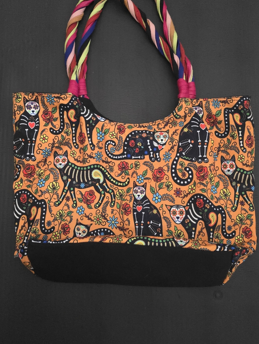 Day of the Dead Cat Print Orange Tote Bag